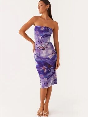 Peppermayo Purple Floral Strapless Midi Dress